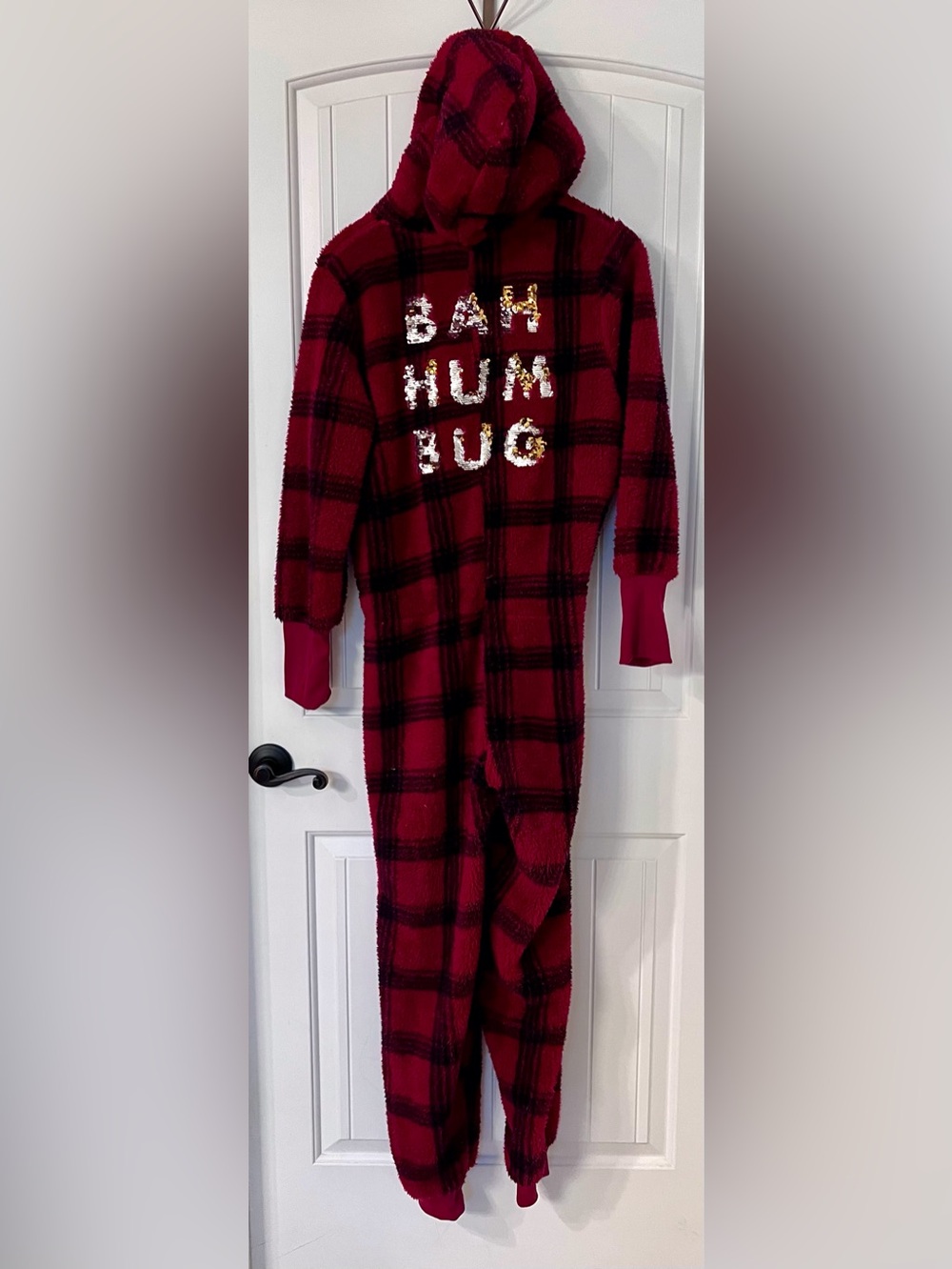 Plush Burgundy Plaid Women's Pajama Onesie with Pom Tie & Humbug saying in gold